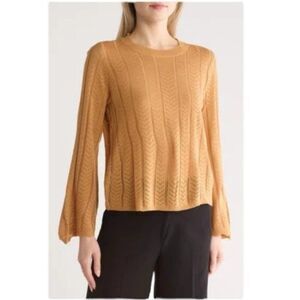 ADRIANNA PAPELL Pointelle Bell Sleeve Knit Top In Kettle Size S